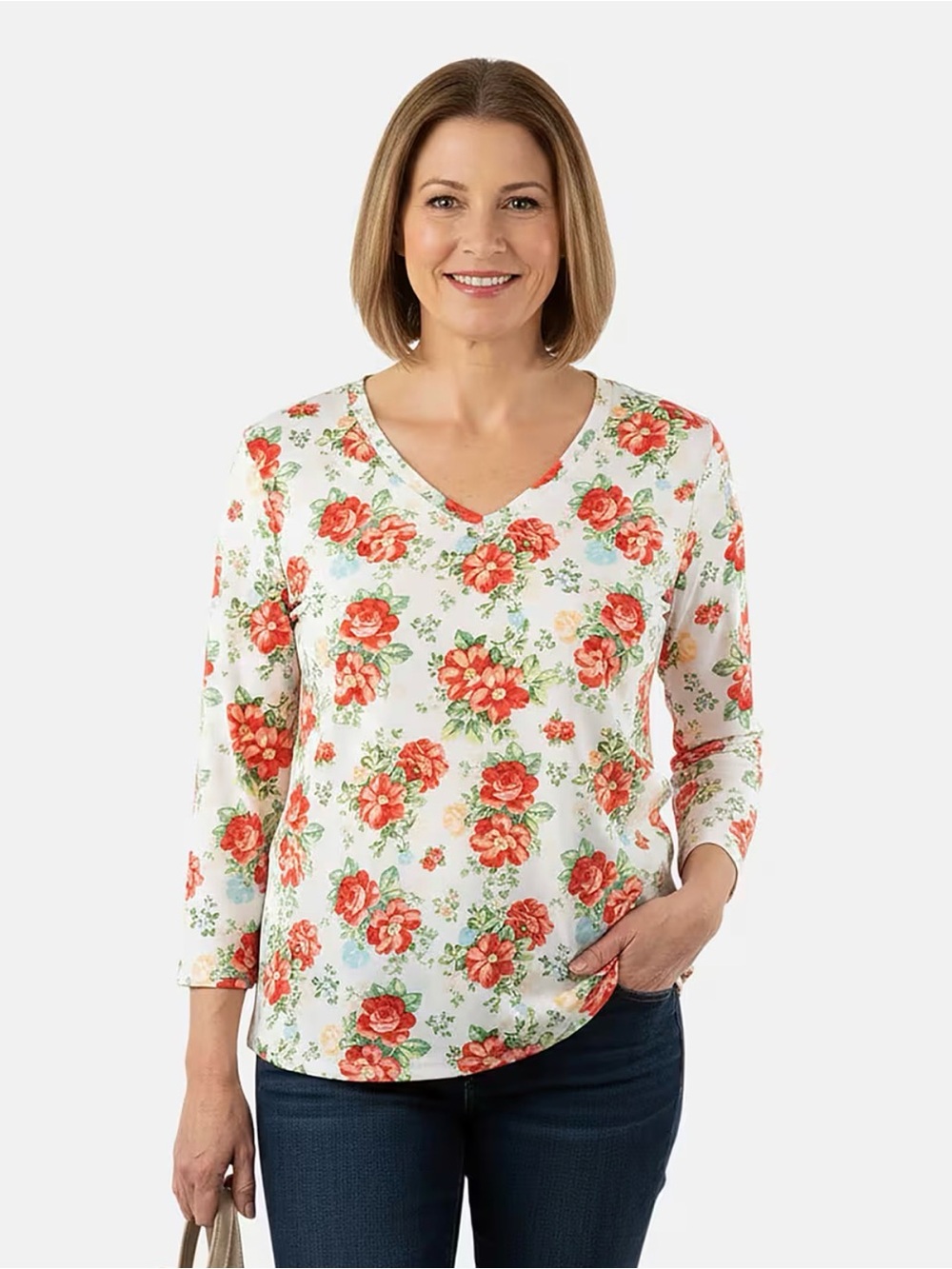 Pioneer woman’s Floral V-Neck 3/4 Sleeve Top - White with Coral Floral Sz small